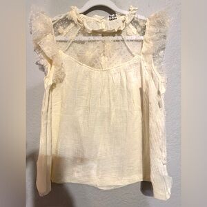 NWT Beautiful Cream Sheer lacing linen feel Ruffle Blouse